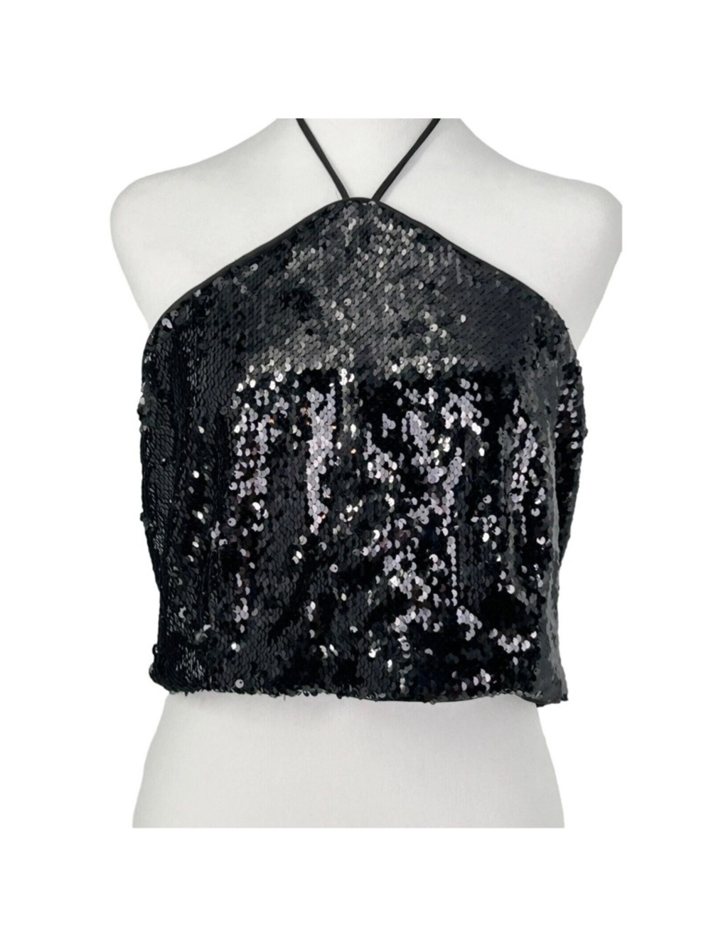 House of Harlow Black Sequin Halter Crop Top - Stylish Evening Wear Size Medium